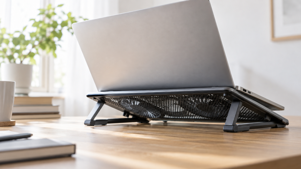 送風ファン付き冷却台に載せたノートPCのイメージ（AI生成）