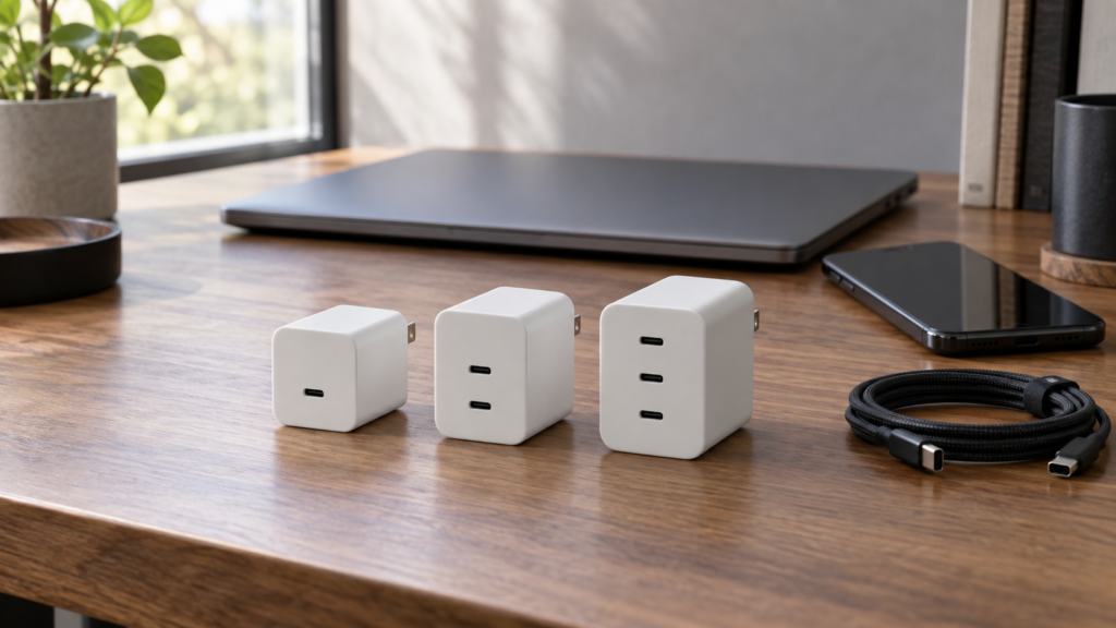 机に並べたUSB-C充電器とスマートフォンのイメージ