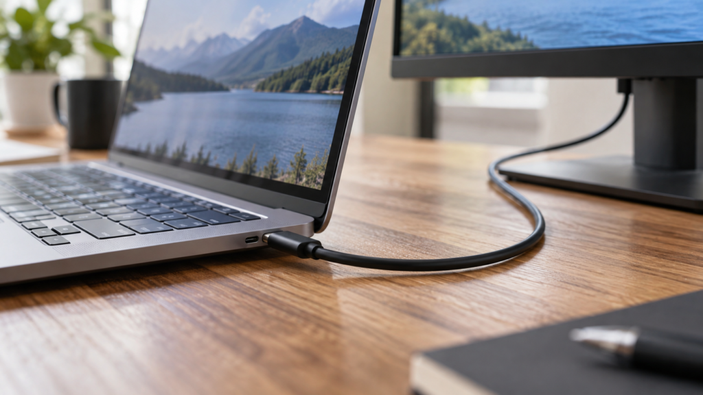 ノートパソコンとモニターをUSB-Cケーブルで接続したイメージ