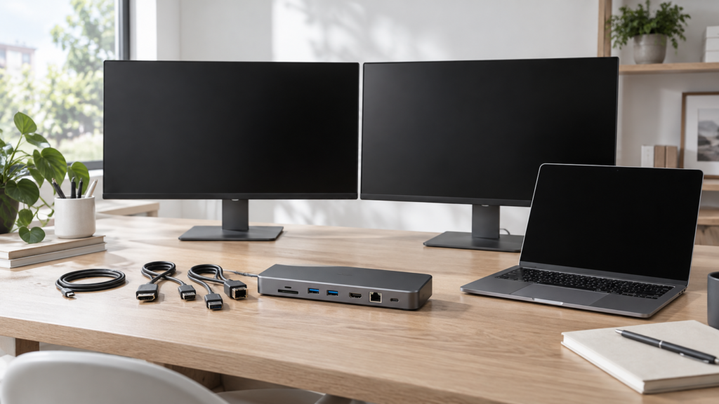 ノートPC・外部モニター2台・ドックのイメージ