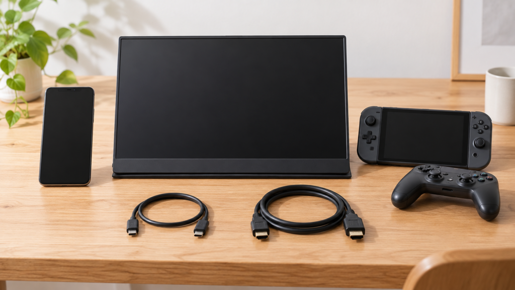 モバイルモニターとスマートフォン、ゲーム機、接続用ケーブル