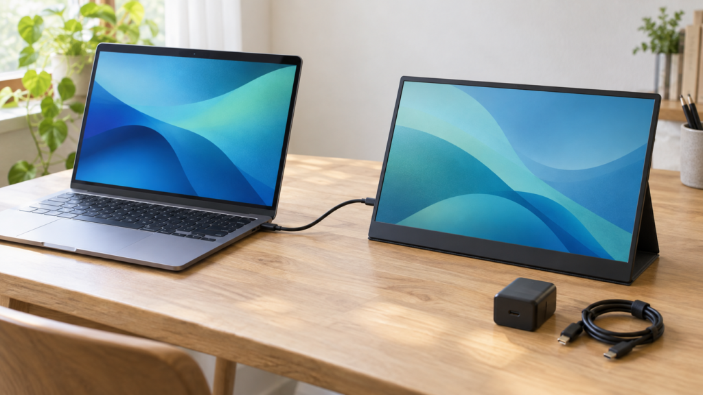 ノートPCとモバイルモニターを接続した机