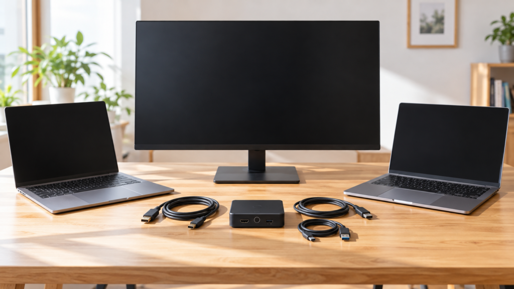 2台のノートPCと1台のモニター、切替器、接続前のケーブル